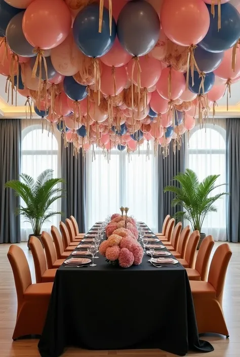 create a huge hall with T format table for 17 persons for gender party. Decorations: a lot of balloons, a lot of flowers - hydrangea pink and blue, beige ribbons. Decoration style is elegant and like in fairytale. Table color is black (NO TABLECLOTH!), sea...