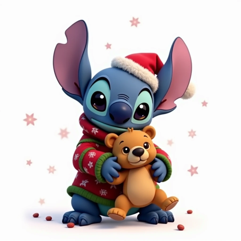 Stitch en tenue de noel avec un doudou ourson dans les main  sur fond blanc .