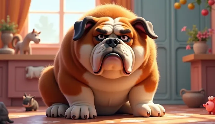 Big, grumpy dog, brown and white fur , disney pixar style