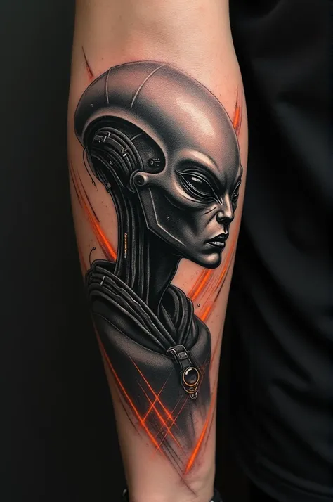 Create a realistic forearm tattoo in black and gray .  Create strong lines with lines and contours .  Create a science-fiction alien being with technological devices .  Create orange-colored lines of light crossing multiple times and at different angles on...