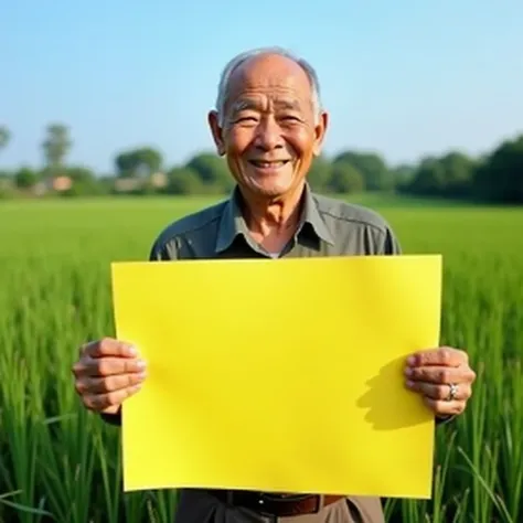 The picture is a colorful photo of an old Taiwanese man with a warm smile. He is standing in a lush green field, possibly a farm, with a clear blue sky in the background. He is holding a large bright yellow rectangular sign.