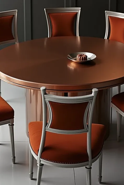  Italian  Design of an expensive and luxurious round table in  elegant and modern glossy and  shiny dark copper color and four chairs made of light steel with backrest and insole and dark orange velvet and frame of chairs expensive  and modern bright steel...