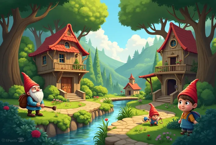 pixar style cute whimsical drawing of a gnome village nestled among towering trees, with quaint treehouses, cobblestone paths, and a babbling stream winding through the forest. The gnomes are busy tending their gardens, crafting tools, and enjoying the pea...