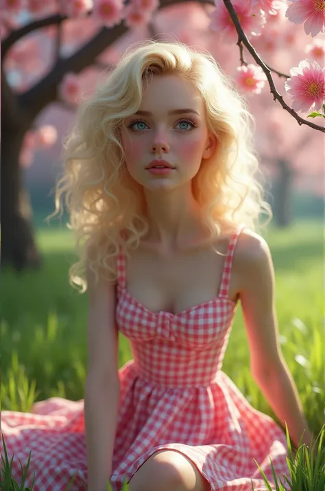 Photorealisric, beautiful woman, curly bleach blonde hair, blue eyes, barbie pink gingham dress, sitting in grass under cherry blossoms, looking away.