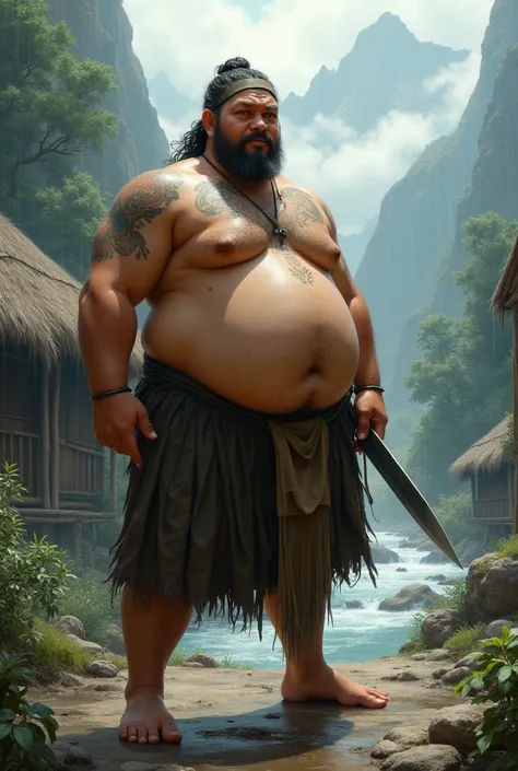 Asian monk fat man 50 year old shirtless chubby smooth face wancho half traditional tribe underware  fatman head band holding knife at right arm fat man shirtless fat man  strech legs rain river huts mountant