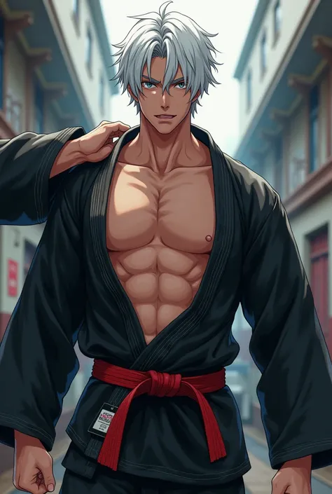 Sexy white haired anime boy wearing black karate gii being beaten up in school by bullies, his gii ripped open by bullies revealing his sexy v line abs