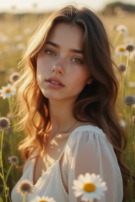 young brunette woman is posing in a field of wildflowers, 17yo, brown eyes, in the style of tokina at-x 11-16mm f/2.8 pro dx ii, portraits with soft lighting, white and beige, close-up intensity, sony alpha a7 iii, elegant, webcam photography, dreamy lofi ...