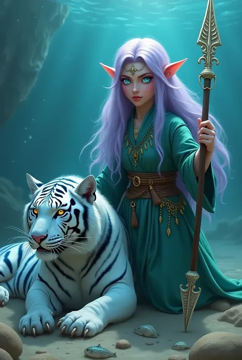  At the bottom of the ocean an elf taming feline beasts with voluminous light violet hair and bright blue eyes.  She wears a green robe with gold embroidery and holds a spear that looks like a white shark skeleton . Her shoes are brown made from fish parts...