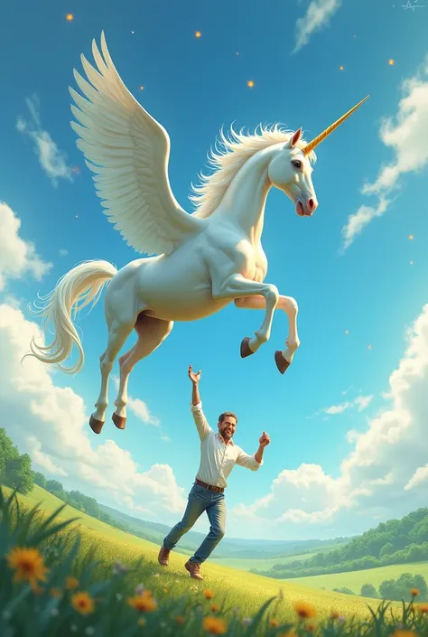 A unicorn flying in the sky while my father is dancing to Michael Jacksons music 
