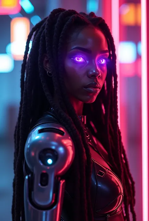 Female ,bionic arm, ((bionic implants in the face)), purple shine luminescent eyes, cyberpunk nepn setting,a ebony girl 19 years thick dreadlocks rastafarian hair.