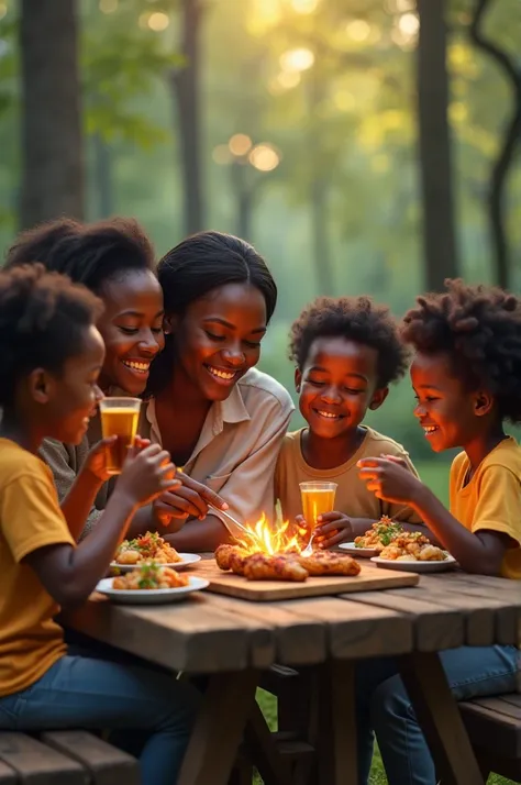 Black family eating grilled chicken fillet in front of a camping bar in the woods 