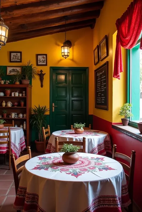  A typical Mexican inn with rustic charm , decorated with bright colors such as red ,  yellow and green ,  accompanied by traditional elements such as shredded paper ,  embroidered tablecloths and earthenware . in the center,  wooden tables adorned with sm...