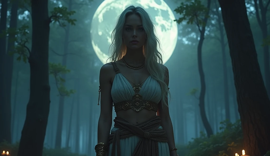 Hyper-realistic 8K, attractive woman as a mysterious Celtic goddess of the night casting magic under the full moon, wearing a detailed Roman-style toga, enchanted forest environment with tall trees and light mist, clear facial features, Octane render, ray ...