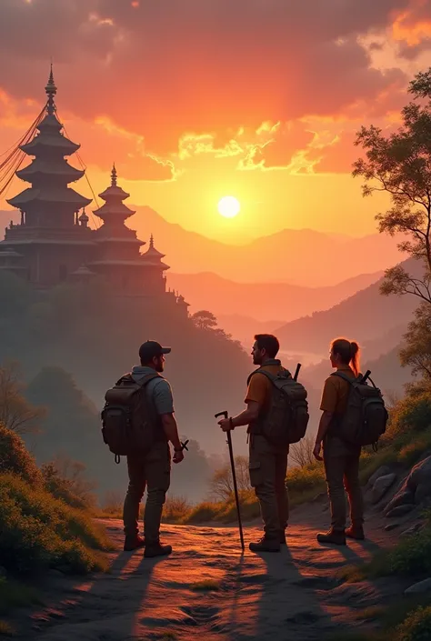 Wide shot: Trio discussing their exploration plans near the village temple at sunset.


