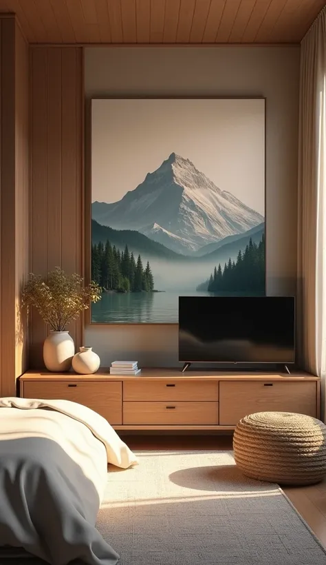 A room with a bed and TV and a piece of furniture with a picture of a mountain.