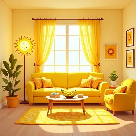 "Design a cozy cartoon-style living room with a monochromatic theme of bright yellow. Include a large, plush sofa in yellow with patterned throw pillows in different shades of yellow and gold. Add a matching armchair, a yellow coffee table with a bowl of b...