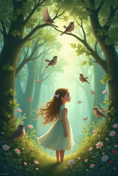 Illustration for a fairy tale about a girl, standing in the forest, that can talk to birds