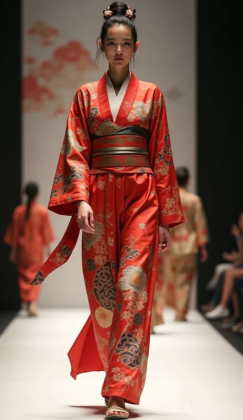 Model from Japan wearing clothes in the color of her country on a runway 