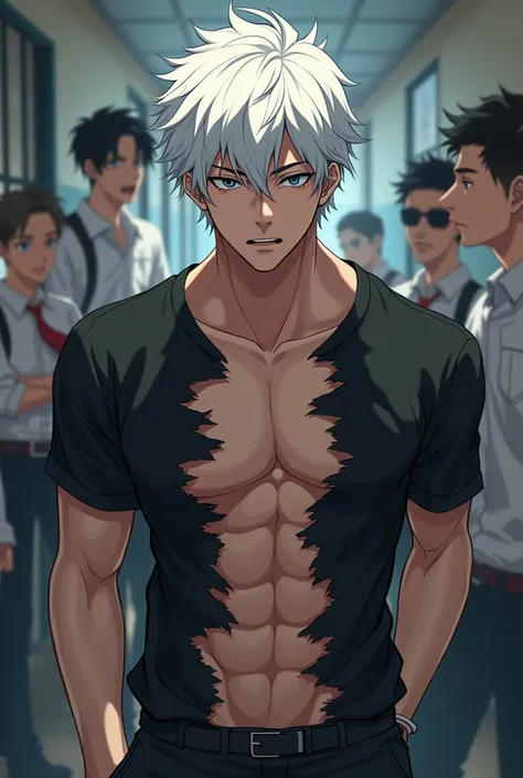 Sexy hot white haired anime boy wearing black tshirt being beaten up by bullies in school, his tshirt ripped open by the bullies revealing his sexy aesthetic v line abs