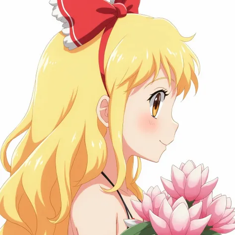 red bow, blond hair, anime, ghibli, anime style, close up, from side, first-person perspective, 8k, super detail, masterpiece, high quality, high resolution, high detail, white background, face detail, happiness, curly hair, bouquet holding magnolia flower...