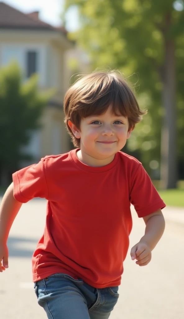  Make a picture of a boy with short straight brown hair , Wearing a red shirt,  who was running on the street .  This  has larger eyes and an excessive body weight , but not too fat ,  with a slightly slimmer appearance .  He was about 8 or  ,  and his exp...