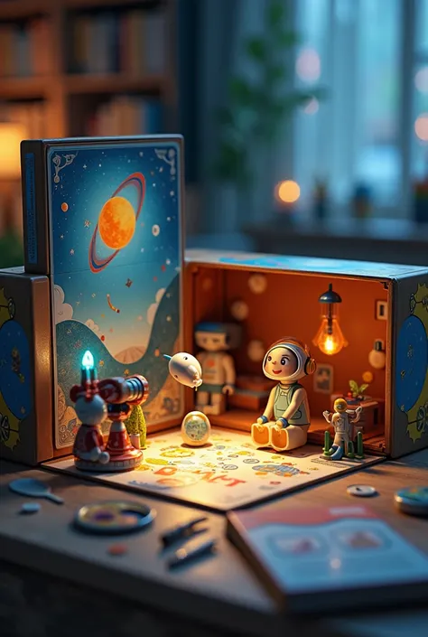 Pour les enfants :  un mini télescope, des cartes de constellation et un kit de fusée à construire soi-même posé dans une boite a jeu