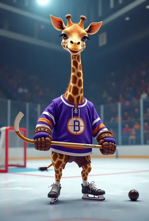 Create an image of a giraffe playing hockey wearing a purple jersey