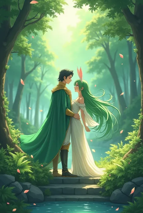 Anime rabbit girl with very very long green hair in a forest with her prince charming 