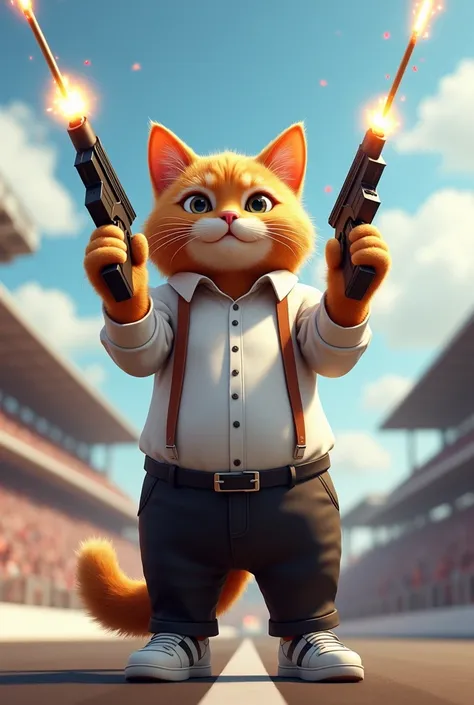 Generate a high quality 3D image: A brown cat wearing white shirt and black pant and firing bullets in the sky to start the car race 