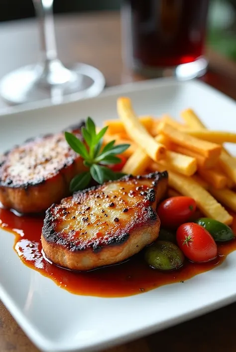 2 pieces of pork chop with vegetables in wine and French fries in squares on a white square plate and wine glass