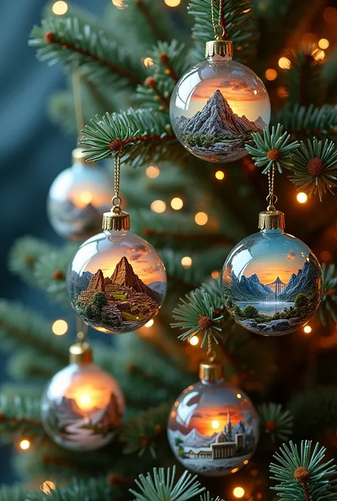 A collage of different iconic landscapes from around the world, all inside Christmas balls, hanging on a beautifully decorated Christmas tree.