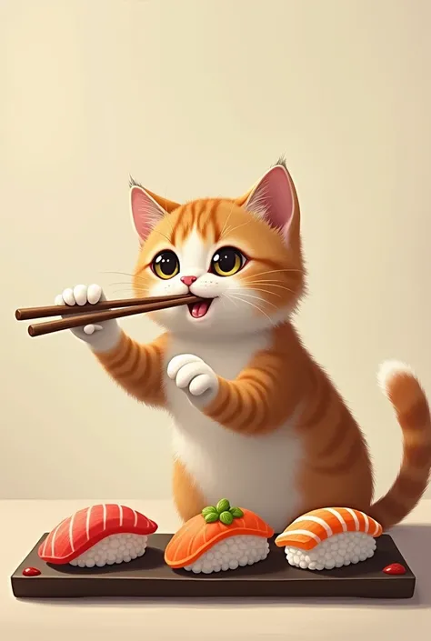 Cat eating shusi with chopsticks 