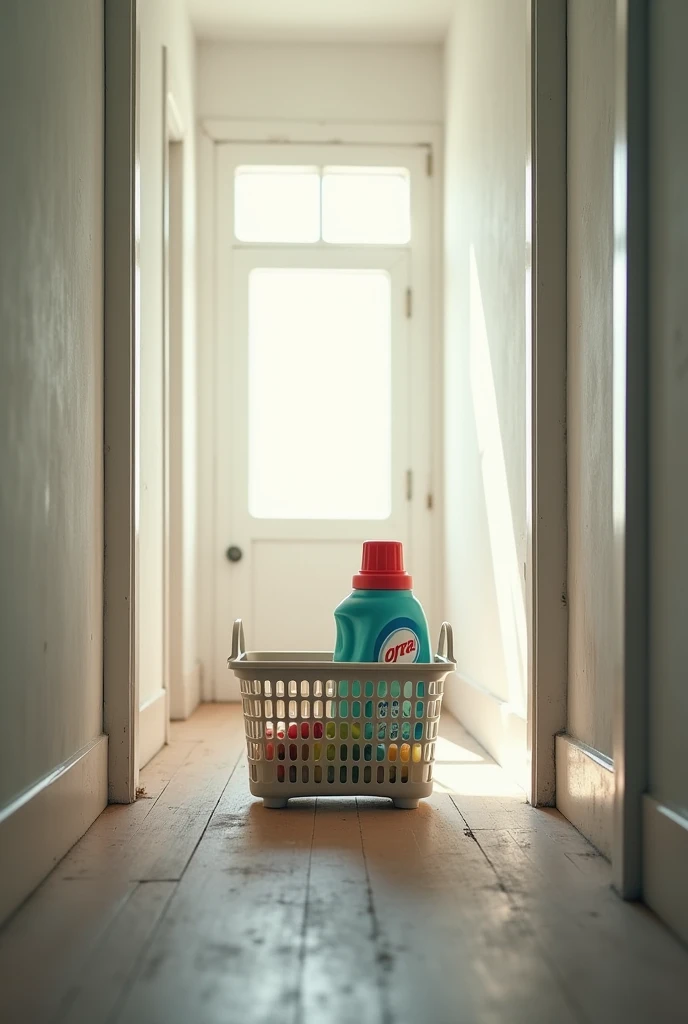 Grocery basket with detergent omo unilever in a faded white hallway