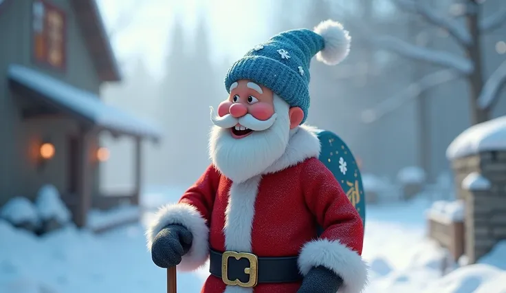 Male.  a blue winter cap on his head.  There are white snowflakes.  He is wearing a Santa Claus outfit