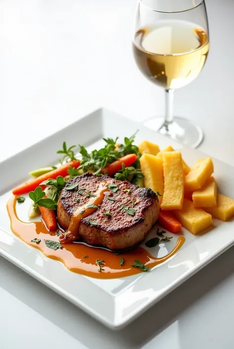 Pork steak with vegetables in wine and French fries in squares on white square plate and wine glass