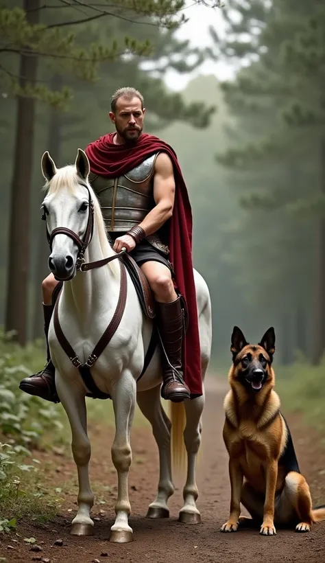 It generates an ultra-realistic image of a 50-year-old Roman centurion, without a helmet and with little hair, mounted on a white horse. Next to him, there is a German shepherd dog. The scene takes place during the day in a German forest. Make sure that th...