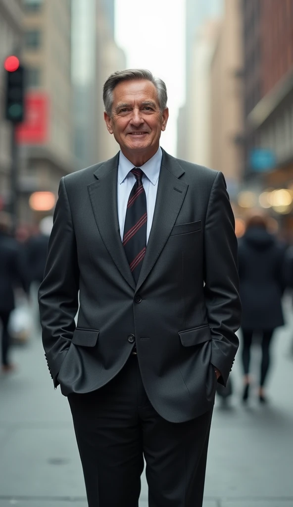 A man in a suit with a small smile on the blurry street.