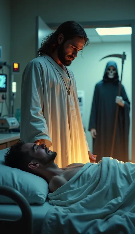 Create a hyper-realistic and emotionally intense hospital scene at night. In the foreground, a young  (bald) lies in a hospital bed, crying softly with visible distress. Beside the bed, Jesus stands close to the , dressed in flowing white robes and radiati...