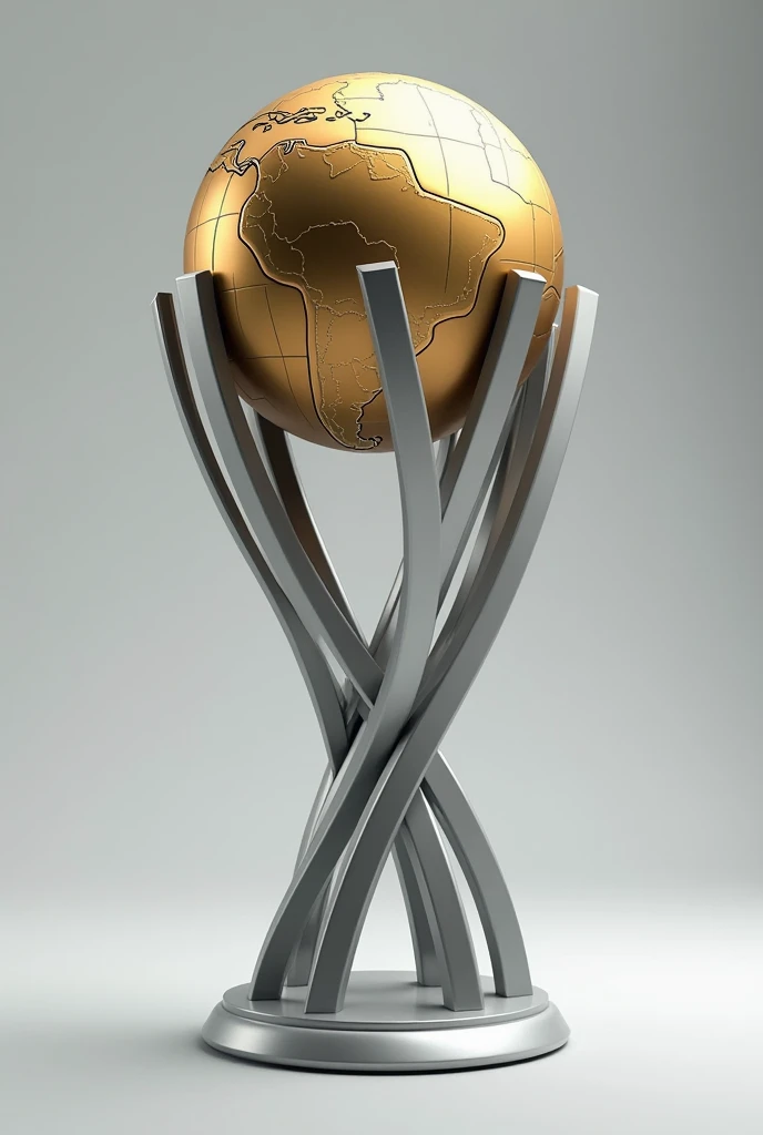 Create a cup for the Brazilian Championship, realistic, modern, original, silver color, with several beams intertwining . on,  a sphere with the Brazilian states in high golden relief.