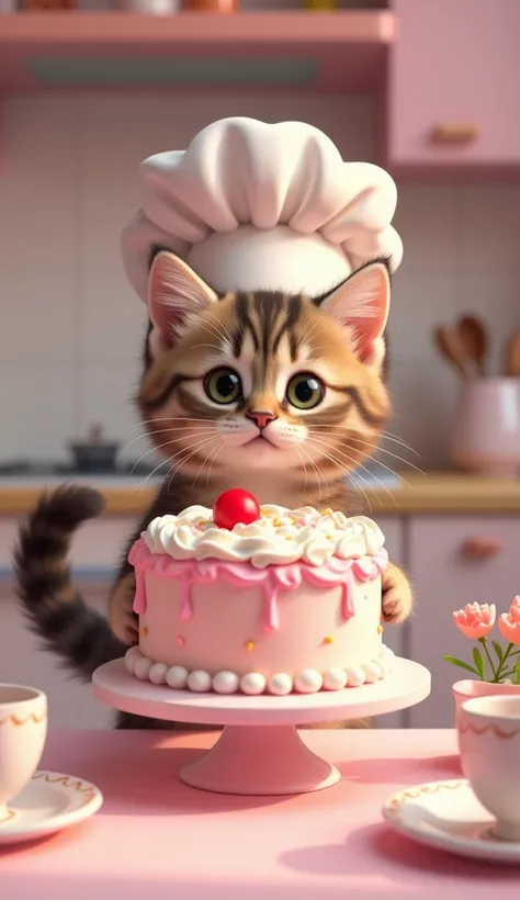 A sweet moment where the kitten proudly presents the finished cake on a decorative platter. Her tail curls happily, and her chefs hat is now slightly crumpled. She stands next to a pink table set with teacups, plates, and a small vase of flowers. The cake ...