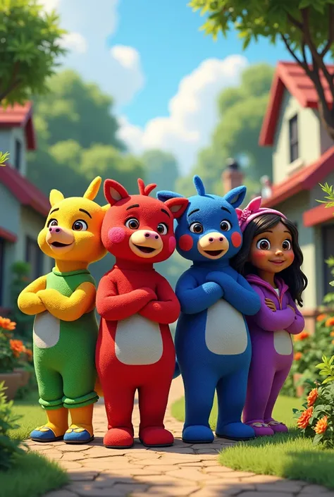  The characters of Backyardigans as if they were people, wearing clothes the color of the character  