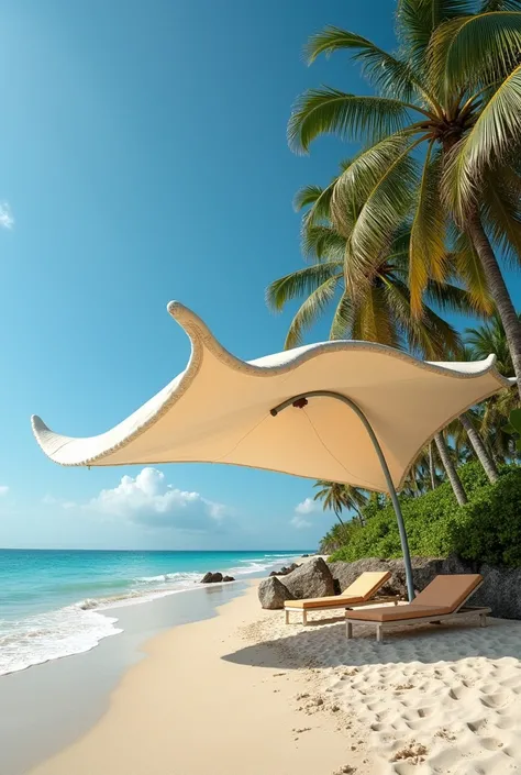 Beach awning in the shape of a mantaraya and its anchoring points 