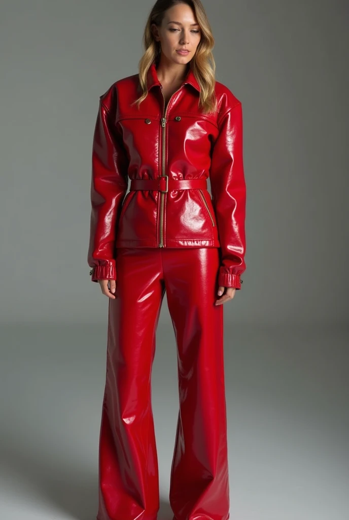 Woman wearing a red vinyl pants with jacket 