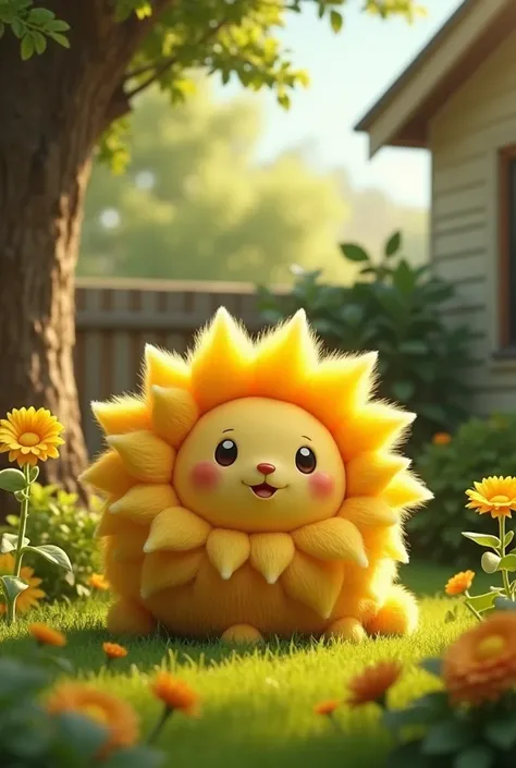 A realistic shot of a fluffy plush sunflower creature in the backyard.