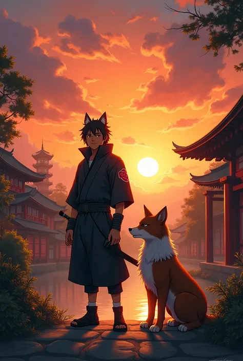 Create a image of kiba inuzuka in his Ninja outfit with his dog akamaru , also add kiba name in english in white gray font , in the sun set time of japan ninja village 