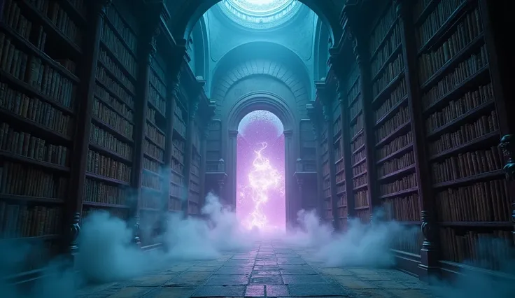 A lost and legendary ghost library with towering shelves of ancient books, mystical glow emanating from a magical portal in the center, particles swirling around it, soft blue and purple hues, ethereal mist, dim ambient lighting with a single spotlight ill...