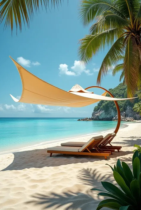 Beach awning in the shape of a mantaraya and its anchoring points 