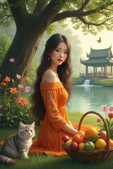 The picture is a portrait of a beautiful young Thai woman with a sharp face, sitting on the grass. She is wearing an orange dress with colorful floral patterns in shades of gold, white and green. She sits under a big tree and poses with a Persian kitten cl...