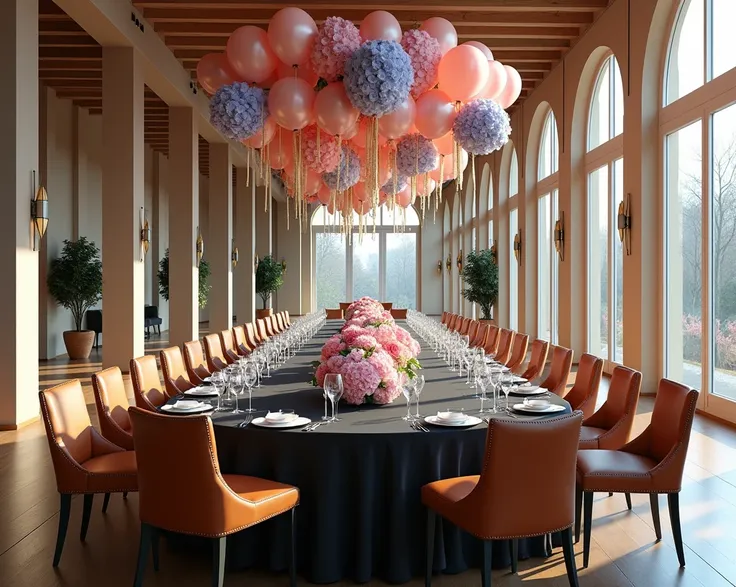 create a huge hall columns and with T format table for 17 persons for gender party. Decorations: a lot of balloons, a lot of flowers - hydrangea pink and blue, beige ribbons. Decoration style is elegant and like in fairytale. Table color is black (NO TABLE...