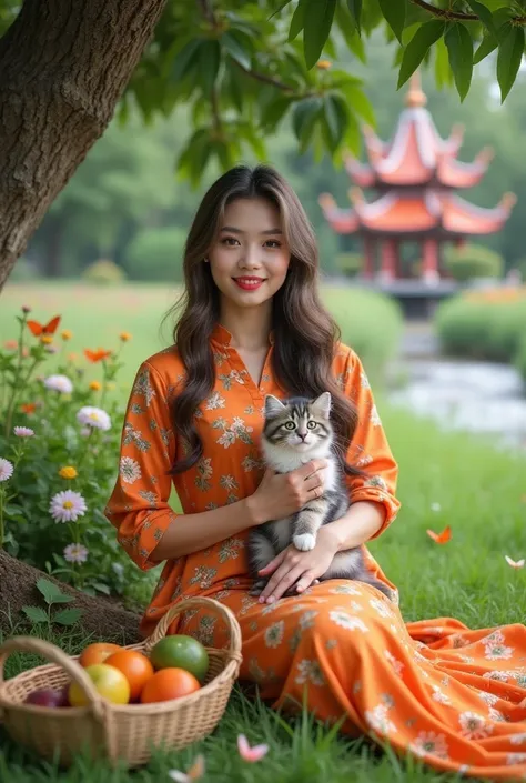 The picture is a portrait of a beautiful young Thai woman with a sharp face, sitting on the grass. She is wearing an orange dress with colorful floral patterns in shades of gold, white and green. She sits under a big tree and poses with a Persian kitten cl...